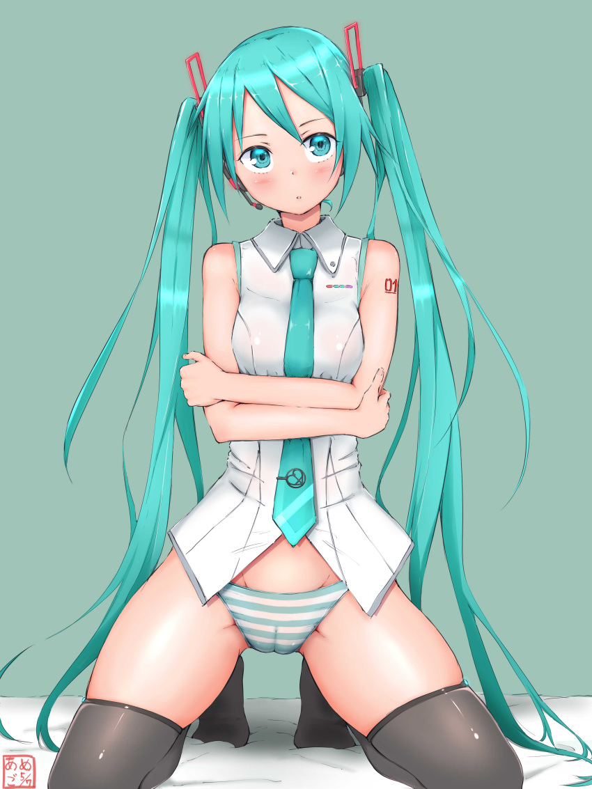 1girl absurdres amego aqua_background artist_name bare_shoulders black_legwear blue_hair blue_neckwear blue_panties blush breasts cameltoe crossed_arms dated earpiece female hair_ornament hatsune_miku highres jpeg_artifacts kneeling long_hair looking_at_viewer matching_hair/eyes necktie number number_tattoo open_mouth panties parted_lips shiny_hair shirt skindentation sleeveless sleeveless_shirt small_breasts solo spread_legs striped_panties tattoo thighhighs tied_hair translated twintails underwear vocaloid white_shirt