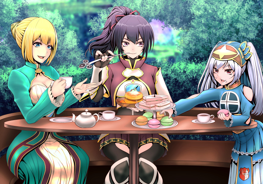 aegia_vagia black_gloves blue_eyes blue_skirt cup dessert eating elbows_on_table fingerless_gloves food food_on_face gloves hair_bun highres janne_altorica long_sleeves macaron multiple_girls official_art open_mouth orc_fantasy_seifuku_sareta_shinsei_oukoku purple_eyes purple_hair sitting skirt standing sweets table teacup teapot tessa_alter totoki10 white_hair