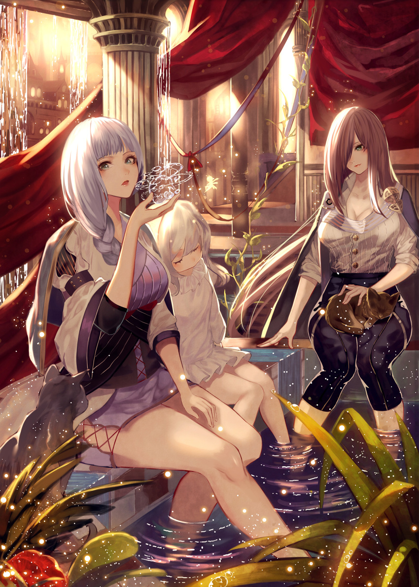 arm_support backlighting bad_id bad_pixiv_id bangs bare_legs barefoot blunt_bangs blush braid breasts buttons cape capri_pants cat cleavage closed_eyes closed_mouth collarbone column commentary_request cross-laced_clothes curtains dress eyelashes frilled_dress frilled_shirt_collar frills grey_eyes hair_over_one_eye hair_over_shoulder hand_up high-waist_pants highres huge_breasts hydrokinesis indoors kisui_(user_wswf3235) knees_together_feet_apart large_breasts light_particles light_rays lips long_hair long_sleeves looking_at_viewer multiple_girls open_mouth original pants petting pillar pink_hair plant ripples shirt shirt_tucked_in short_dress short_sleeves side_slit silver_hair single_braid sitting sleeping sleeve_garters soaking_feet sunbeam sunlight very_long_hair water waterfall white_dress white_hair white_shirt wide_sleeves
