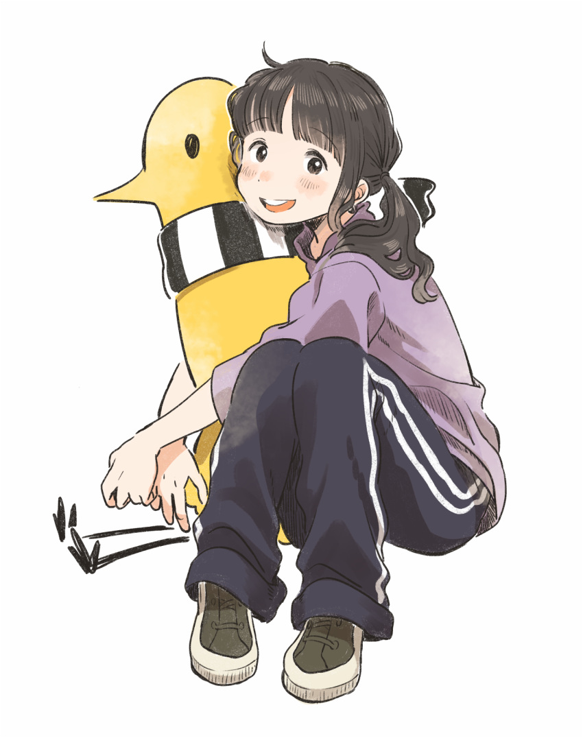 1girl :d ahoge bangs bird black_hair black_pants blush character_request chick commentary highres kana_(okitasougo222) knees_up long_sleeves looking_at_viewer object_hug open_mouth pants purple_shirt real_life scarf shirt shoes sidelocks simple_background sitting smile sneakers solo striped striped_scarf track_pants twintails white_background