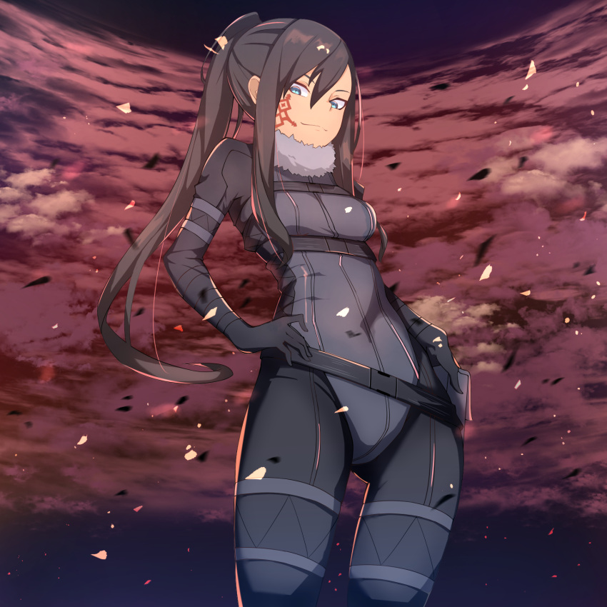 ass_visible_through_thighs belt black_hair blue_eyes bodysuit breasts chest_strap cloud cowboy_shot facial_tattoo fur_trim hair_between_eyes hand_on_hip highres long_hair looking_at_viewer loose_belt medium_breasts pitohui_(sao) ponytail pouch sidelocks smile solo sword_art_online sword_art_online_alternative:_gun_gale_online tattoo thigh_strap very_long_hair wan_ban