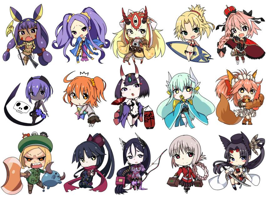 1boy 6+girls :d ahoge animal_ears armor astolfo_(fate) axe babe_(fate) bangs bell bell_collar belt beret beriko_(dotera_house) bikini black_hair black_legwear black_sclera black_skirt blonde_hair blue_hair blush bob_cut bodysuit boots bow bow_(weapon) braid breasts brown_footwear brown_gloves bull carrot chaldea_uniform character_request chibi collar crown dark_skin fan fang fangs fate/grand_order fate_(series) first_aid_kit florence_nightingale_(fate/grand_order) folded_ponytail fox_ears fox_tail fujimaru_ritsuka_(female) full_body gloves green_coat green_eyes grey_legwear hair_between_eyes hair_bow hair_intakes hair_ornament hair_scrunchie hand_on_hip hand_on_own_cheek hassan_of_serenity_(fate) hat high_ponytail highres horns ibaraki_douji_(fate/grand_order) japanese_clothes jpeg_artifacts katana katou_danzou_(fate/grand_order) kimono kiyohime_(fate/grand_order) lantern large_breasts long_hair long_sleeves looking_at_viewer looking_back medium_breasts minamoto_no_raikou_(fate/grand_order) mordred_(fate)_(all) mordred_(swimsuit_rider)_(fate) multiple_girls navel nitocris_(fate/grand_order) nursery_rhyme_(fate/extra) open_clothes open_kimono open_mouth orange_eyes orange_hair otoko_no_ko pantyhose paper_lantern parted_bangs paul_bunyan_(fate/grand_order) pink_eyes pink_hair pleated_skirt purple_bodysuit purple_eyes purple_hair purple_kimono red_bikini red_scarf ribbed_sleeves scarf scrunchie seiza short_eyebrows short_hair shuten_douji_(fate/grand_order) side_ponytail simple_background single_braid sitting skirt skull_mask sleeves_past_wrists small_breasts smile standing surfboard swimsuit sword tail tamamo_(fate)_(all) tamamo_cat_(fate) twintails ushiwakamaru_(fate/grand_order) v_over_eye very_long_hair weapon white_background wide_sleeves wu_zetian_(fate/grand_order) yellow_eyes