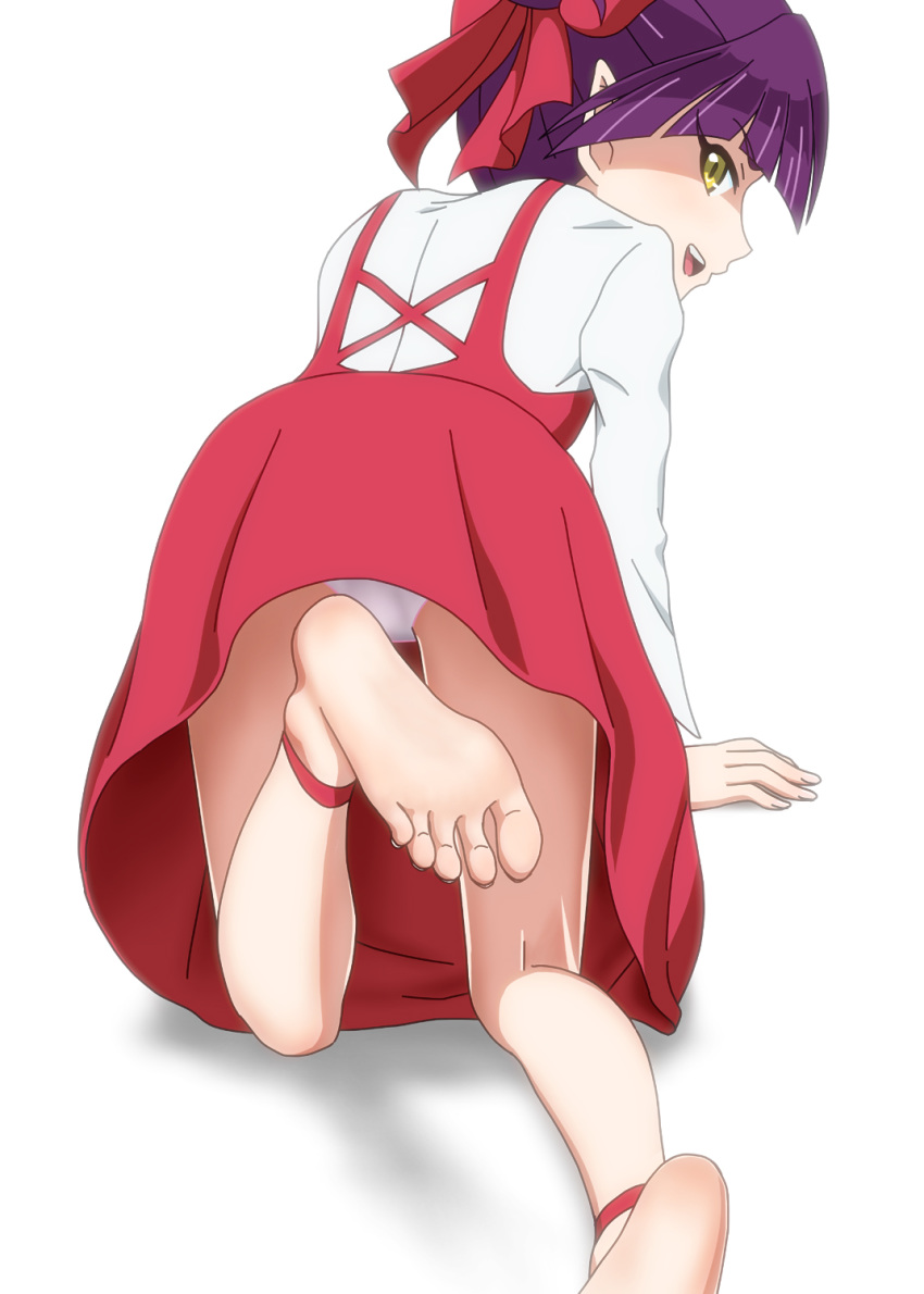 1girl barefoot feet gegege_no_kitarou hair_bow kneeling looking_at_viewer looking_back nekomusume one_leg_raised pantyshot pointy_ears purple_hair soles toes upskirt yellow_eyes