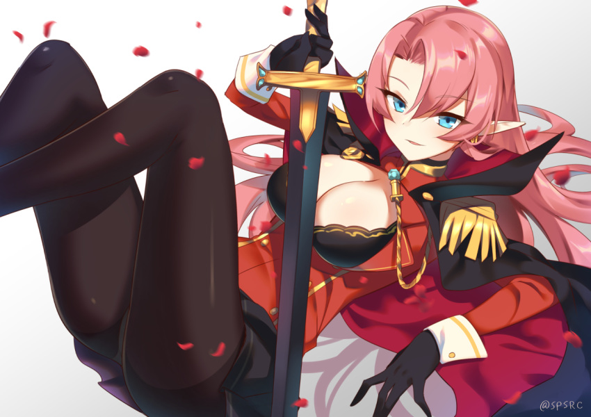 ass azur_lane bangs black_cape black_skirt blue_eyes blurry blurry_foreground blush breasts brown_gloves brown_legwear cape cleavage depth_of_field duke_of_york_(azur_lane) earrings epaulettes feet_out_of_frame gloves gradient gradient_background grey_background hair_spread_out holding holding_sword holding_weapon jacket jewelry large_breasts long_hair long_sleeves looking_at_viewer lying military military_uniform multicolored multicolored_cape multicolored_clothes on_back pantyhose parted_bangs petals pink_hair pointy_ears red_cape red_jacket rose_petals skirt smile solo sword takashiru thighband_pantyhose twitter_username uniform weapon