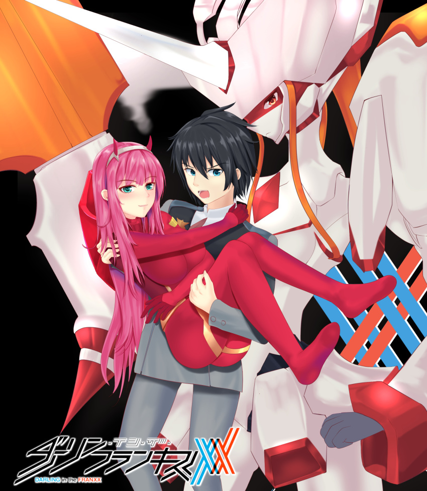 1girl bangs black_bodysuit black_hair blue_eyes bodysuit carrying commentary_request couple darling_in_the_franxx eyebrows_visible_through_hair gloves green_eyes hair_ornament hairband hand_on_another's_neck hand_on_another's_shoulder hetero highres hiro_(darling_in_the_franxx) holding_another's_leg horns long_hair looking_at_viewer mecha military military_uniform necktie no_shoes oni_horns pilot_suit pink_hair princess_carry ratchana red_bodysuit red_gloves red_horns red_neckwear strelizia uniform white_hairband zero_two_(darling_in_the_franxx)