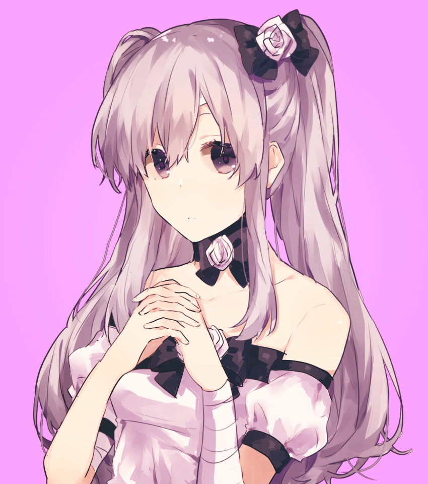 bad_id bad_pixiv_id black_bow bow detached_collar dress flower gocoli grey_hair hair_bow hair_flower hair_ornament hands_up highres idolmaster idolmaster_shiny_colors interlocked_fingers long_hair parted_lips pink_background puffy_short_sleeves puffy_sleeves purple_eyes short_sleeves simple_background solo twintails upper_body white_dress yuukoku_kiriko