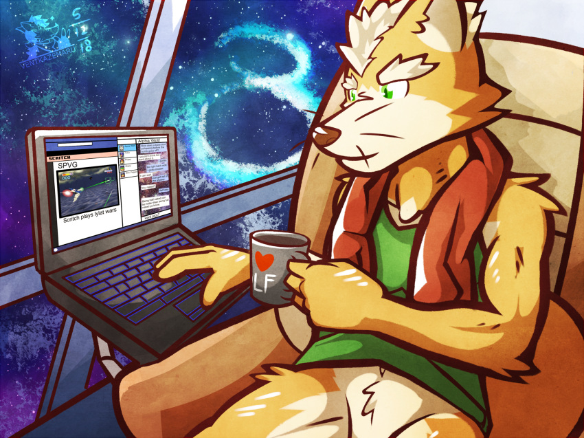 anthro beverage bottomless brown_fur canine clothed clothing coffee computer fox fox_mccloud fur green_eyes hi_res laptop male mammal nintendo solo space star_fox text towel ventkazemaru video_games whiskers white_fur wolf_o'donnell