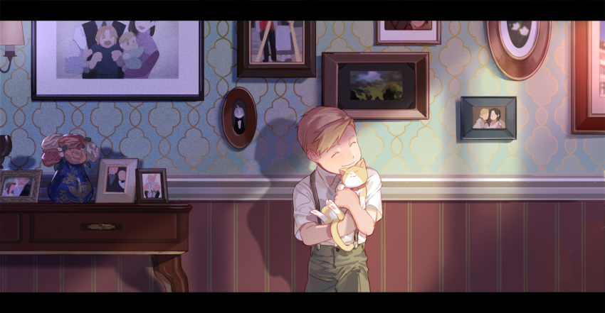 ^_^ against_wall alphonse_elric animal artist_name blonde_hair cat child closed_eyes collared_shirt commentary flower frame fullmetal_alchemist green_pants happy holding holding_animal holy_pumpkin hug indoors male_focus pants photo_(object) shadow shirt short_sleeves smile solo sunlight suspenders table twitter_username vase wall wallpaper_(object) white_shirt wide_shot