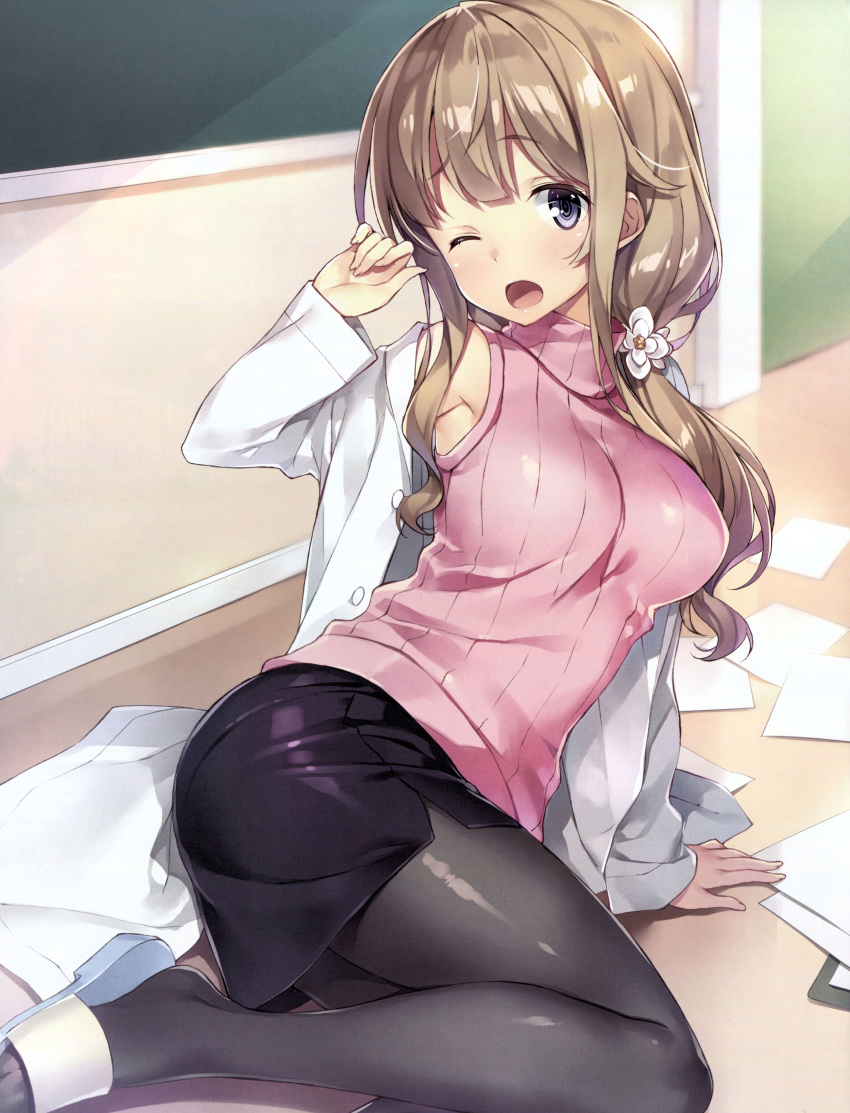 absurdres arm_support bangs blush breasts brown_hair chalkboard classroom dengeki_moeou eyebrows_visible_through_hair fingernails highres indoors labcoat large_breasts long_hair long_sleeves lying miniskirt off_shoulder on_side one_eye_closed open_mouth pantyhose papers purple_eyes ribbed_sweater sandals scan shiny shiny_clothes shiny_hair sidelocks skirt sleeveless sleeveless_turtleneck solo sweater turtleneck turtleneck_sweater yuuki_hagure