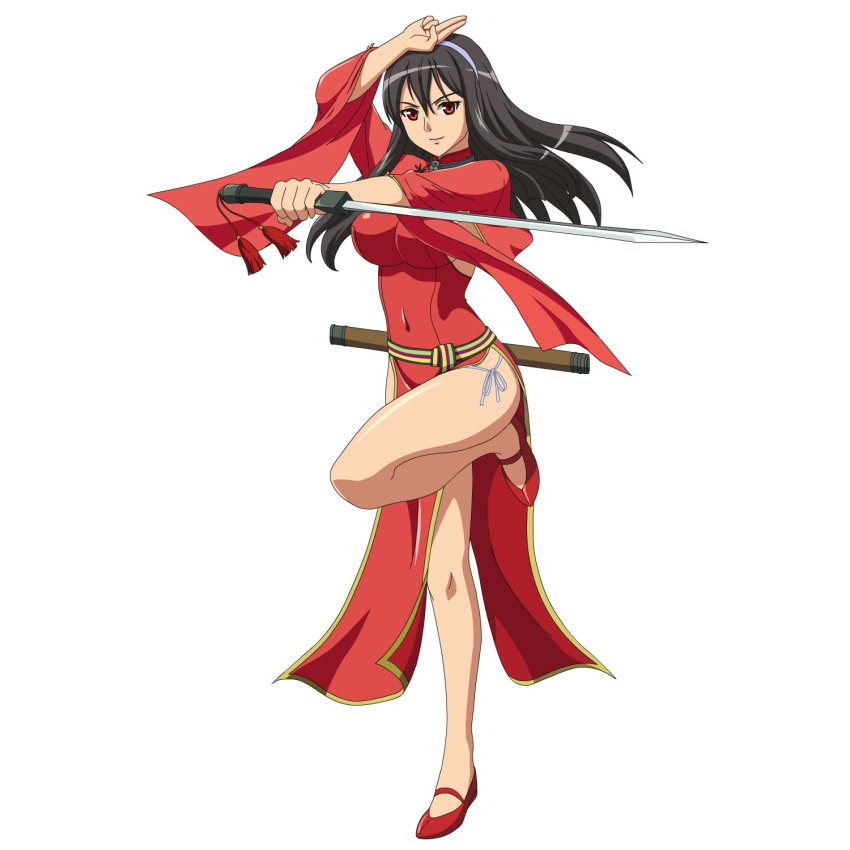 10s 1girl black_hair breasts dress female full_body long_hair official_art panties queen's_blade queen's_blade_rebellion red_dress red_eyes simple_background smile solo sword tarnyang_(queen's_blade) underwear weapon white_background