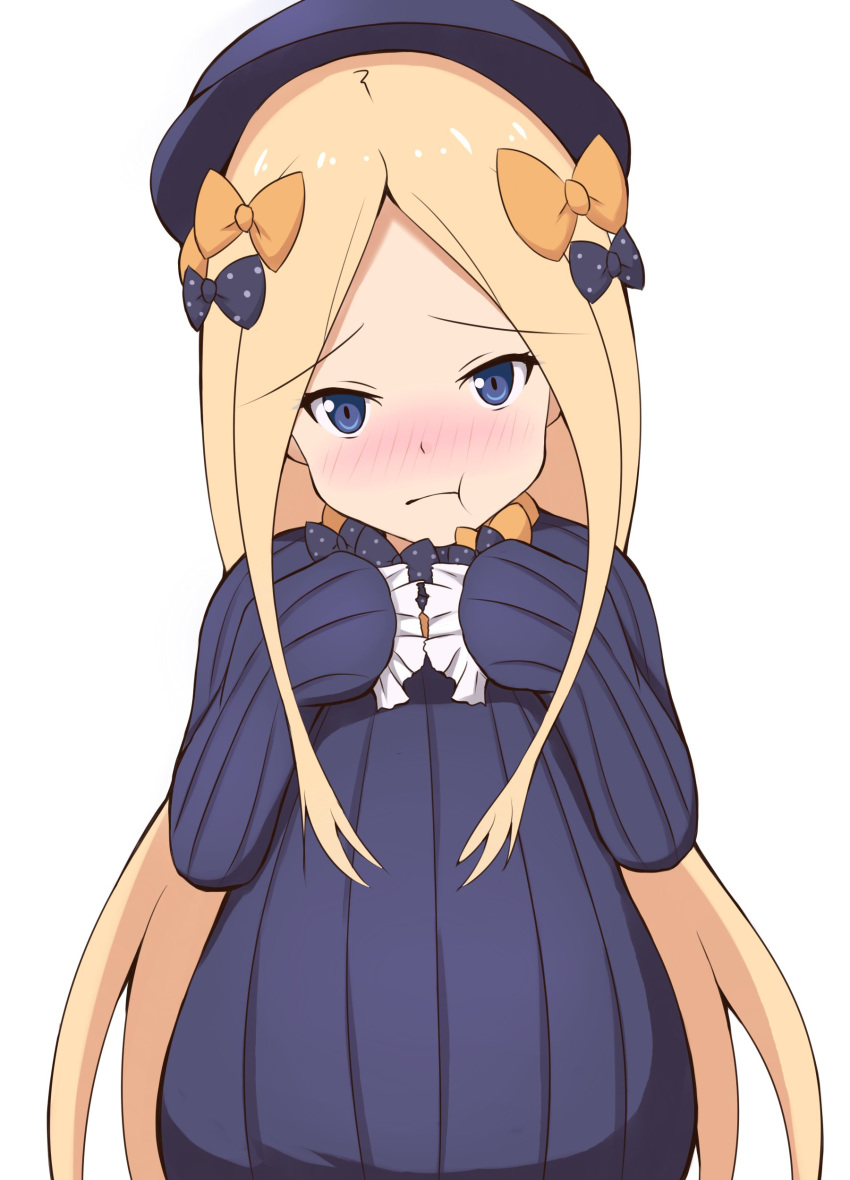 :t abigail_williams_(fate/grand_order) absurdres bangs black_bow black_dress black_hat blonde_hair blue_eyes blush bow closed_mouth commentary_request dress eyebrows_visible_through_hair fate/grand_order fate_(series) forehead hair_bow hands_up hat head_tilt highres long_hair long_sleeves looking_at_viewer mitchi nose_blush orange_bow parted_bangs polka_dot polka_dot_bow pout simple_background sleeves_past_fingers sleeves_past_wrists solo very_long_hair white_background