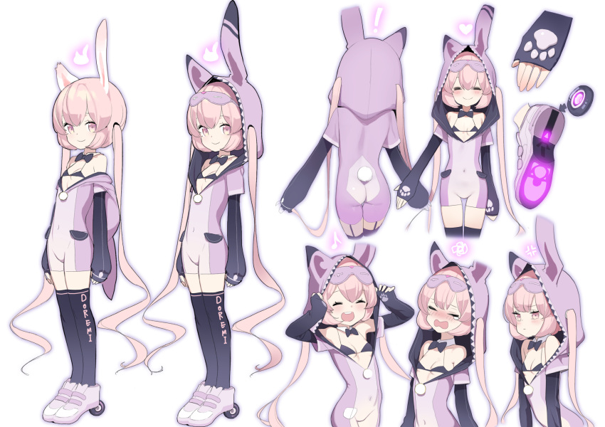 1girl :d ^_^ anger_vein animal_ears animal_hood arms_up artist_name ass asymmetrical_ears bangs bare_shoulders bikini bikini_top bikini_under_clothes black_bikini black_bikini_top black_bow black_legwear black_neckwear blush bow bowtie breasts bunny_ears bunny_hood bunny_tail cat_ears closed_eyes closed_mouth commentary_request covered_navel detached_collar doremi eighth_note eyebrows_visible_through_hair facing_viewer full_body hair_between_eyes hair_through_headwear heart highres hood hood_down hood_up hoodie light_brown_hair long_hair long_sleeves looking_at_viewer low_twintails mask mask_on_head multiple_views musical_note nose_blush open_mouth original paw_print pink_eyes pink_footwear pink_hair roller_shoes shoe_soles shoes simple_background sleep_mask sleeves_past_wrists small_breasts smile squiggle standing swimsuit tail tears thighhighs twintails upper_teeth very_long_hair virtual_youtuber white_background