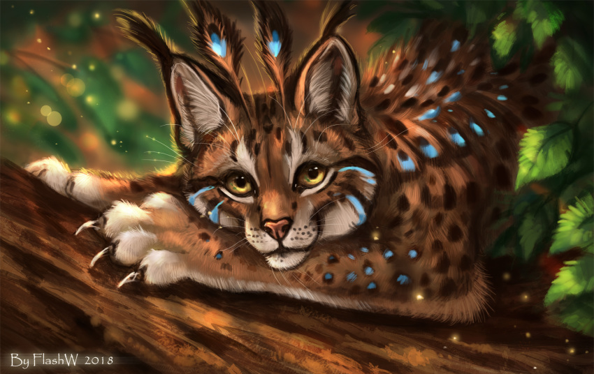 2018 ambiguous_gender brown_fur claws detailed_background digital_media_(artwork) feline flashw fur green_eyes lynx mammal