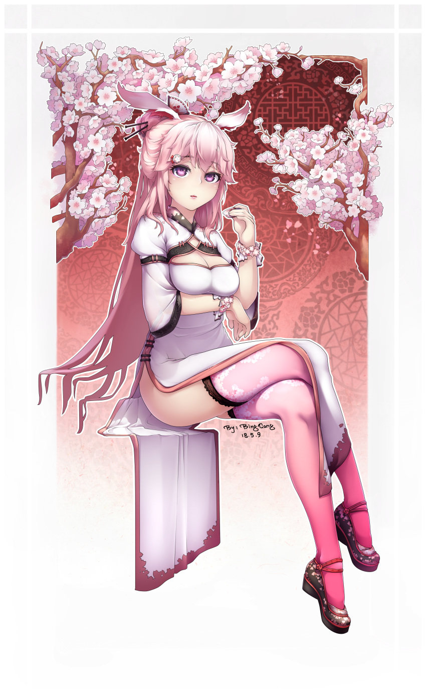 absurdres animal_ears bangs benghuai_xueyuan bing_gang breasts bunny_ears cherry_blossoms china_dress chinese_clothes cleavage cleavage_cutout crossed_legs dress flower full_body hair_bun hair_ornament hair_stick highres honkai_impact large_breasts long_hair looking_at_viewer pink_hair pink_legwear purple_eyes shoes side_slit sitting solo thighhighs tied_hair tree_branch white_dress yae_sakura_(benghuai_xueyuan)