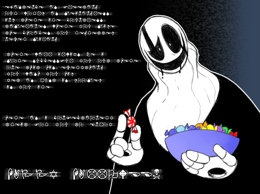 animated_skeleton bone bowl candy clothing fatz_geronimo food gaster not_furry robe skeleton smile solo text translated undead undertale video_games wingdings