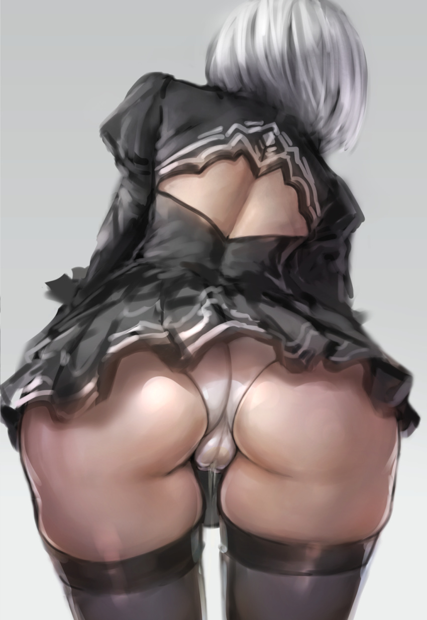 ass back_cutout black_dress commentary_request dress facing_away fat_mons feather-trimmed_sleeves from_behind highleg highleg_leotard highres juliet_sleeves labia leaning_forward leotard long_sleeves melon_melon_soda nier_(series) nier_automata panties pantyshot peeing peeing_self puffy_sleeves pussy silver_hair skindentation skirt solo thighhighs thighhighs_under_boots thighs underwear upskirt wet wet_clothes wet_panties white_leotard yorha_no._2_type_b
