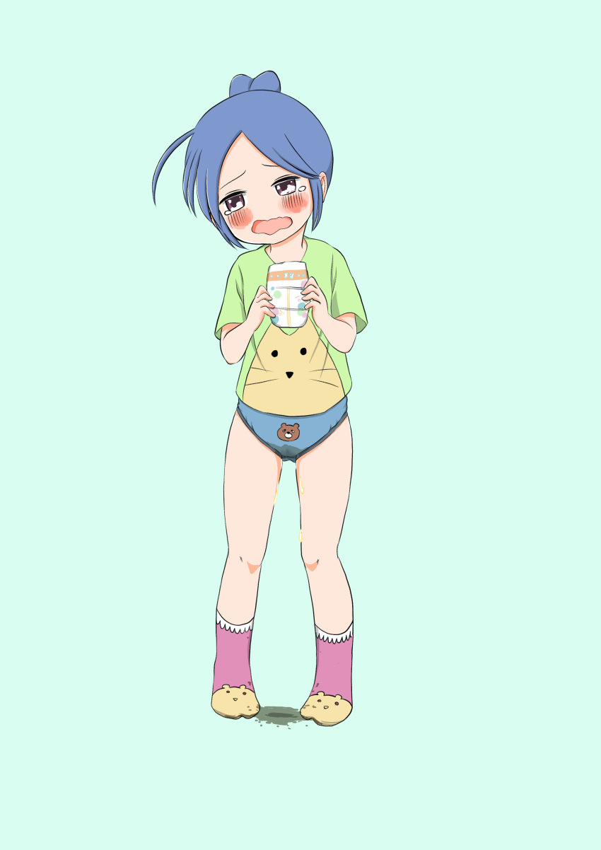 1girl absurdres ahoge artist_request bear_panties blue_background blue_hair blue_panties blush diaper embarrassed female full_body green_shirt half-closed_eyes hands_up highres holding open_mouth original panties peed_self pigeon-toed pink_legwear ponytail purple_eyes shirt short_hair short_sleeves simple_background slippers socks solo standing tied_hair underwear wavy_mouth wet_clothes wet_panties yellow_footwear