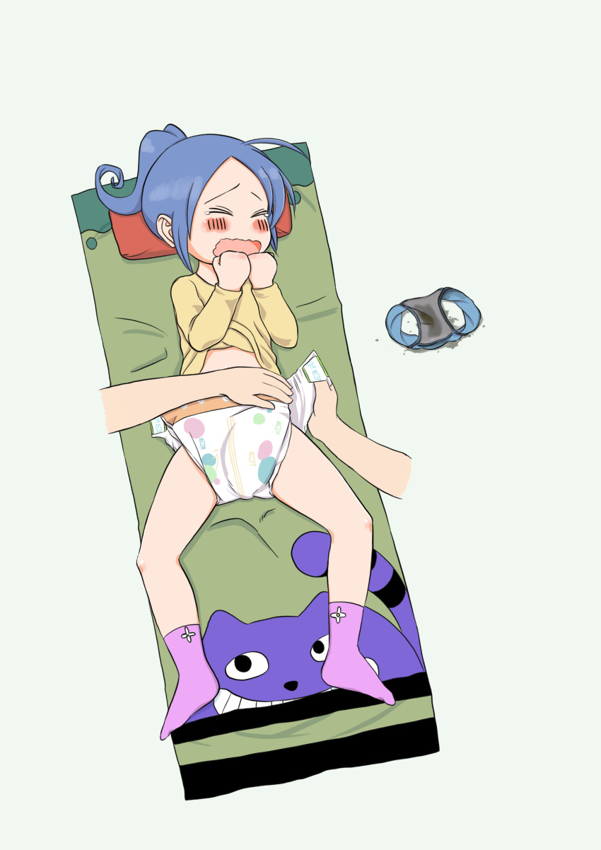 1girl absurdres ahoge artist_request blanket blue_hair blue_panties blush diaper disembodied_limb eyes_closed female full_body grey_background hands_together hands_up highres long_sleeves lying on_back open_mouth original panties panties_removed ponytail purple_legwear shirt short_hair simple_background socks solo spread_legs tears tied_hair underwear wavy_mouth wet_clothes wet_panties yellow_shirt