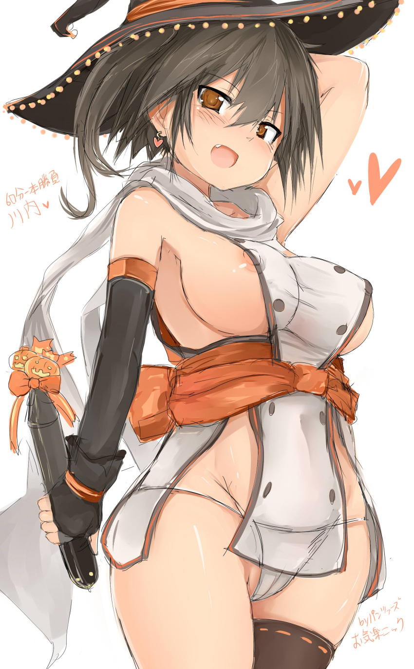 absurdres alternate_breast_size black_hair blush breasts brown_eyes commentary_request earrings eyebrows_visible_through_hair halloween_costume hat heart highres jewelry kantai_collection large_breasts looking_at_viewer medium_hair nipples no_bra okiraku_nikku open_mouth ponytail remodel_(kantai_collection) scarf sendai_(kantai_collection) simple_background solo string_bikini string_panties thighhighs torpedo white_background white_scarf witch_hat