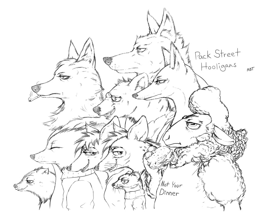 2016 aardwolf adam_bryce_thomas al_(weaver) anneke_(weaver) anthro avo_(weaver) badger betty_(weaver) black_and_white burger canine caprine charlie_(weaver) clothed clothing disney english_text ermine fan_character female food fox frown group hyena male mammal marty_(weaver) model_sheet monochrome mustelid ozzy_(weaver) pack_street remmy_cormo sheep side_view simple_background smile t_rex_(weaver) text wolf wolter_(weaver) zootopia