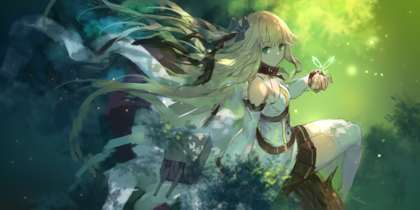 arm_support aurora_(f10)_(azur_lane) azur_lane bangs bare_shoulders black_ribbon blonde_hair blue_eyes braid breasts bug butterfly cannon cleavage closed_mouth detached_sleeves eyebrows_visible_through_hair floating_hair garter_straps green_eyes hair_between_eyes hair_flaps hair_ornament hair_ribbon hand_up highres insect jewelry large_breasts long_hair long_sleeves looking_at_viewer machinery pleated_skirt ribbon rigging signature sitting skirt smile solo swd3e2 turret very_long_hair
