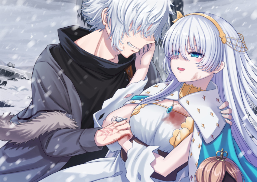 1girl anastasia_(fate/grand_order) bangs blood blue_cape blue_eyes cape command_spell commentary_request dress eyebrows_visible_through_hair fate/grand_order fate_(series) fur-trimmed_jacket fur_trim hair_between_eyes hair_over_one_eye hairband holding jacket kadoc_zemlupus long_hair mizunashi_hayate royal_robe silver_hair very_long_hair white_dress yellow_eyes yellow_hairband