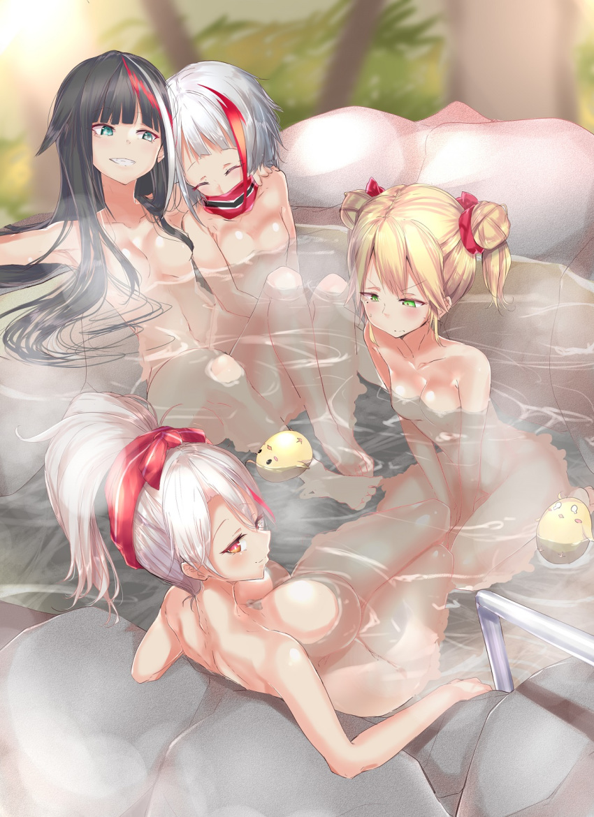 admiral_graf_spee_(azur_lane) admiral_hipper_(azur_lane) ahoge alternate_hairstyle azur_lane bangs between_legs black_hair blonde_hair blue_eyes blush breasts closed_eyes commentary_request deutschland_(azur_lane) elbow_rest eyebrows_visible_through_hair green_eyes hair_between_eyes hand_between_legs hand_on_another's_shoulder highres iron_cross large_breasts long_hair looking_at_viewer looking_down medium_breasts mole mole_under_eye multicolored_hair multiple_girls namuru_(kurinton) no_nipples nude onsen open_mouth outdoors prinz_eugen_(azur_lane) railing red_hair rubber_duck scarf seiza short_hair sidelocks silver_hair sitting small_breasts smile steam streaked_hair sweatdrop two_side_up very_long_hair