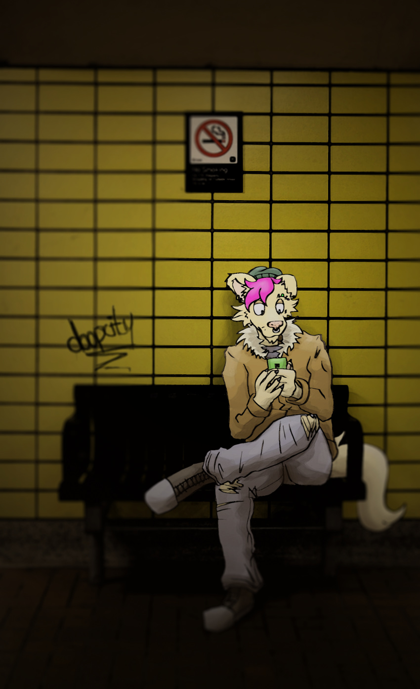 anthro black_shoes brown_coat cellphone clothing doopcity facial_piercing footwear hair jeans no_smoking nose_piercing nose_ring pants phone piercing pink_hair shoes shredded_jeans solo