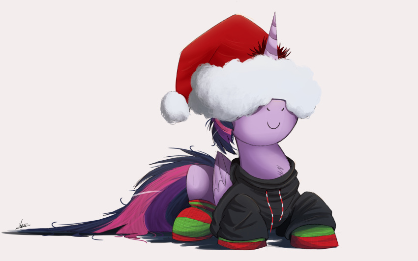 16:10 2015 christmas clothing digital_media_(artwork) equine feathered_wings feathers female feral friendship_is_magic fur hair hat holidays hoodie horn legwear mammal multicolored_hair my_little_pony ncmares purple_feathers purple_fur purple_hair santa_hat socks solo twilight_sparkle_(mlp) winged_unicorn wings