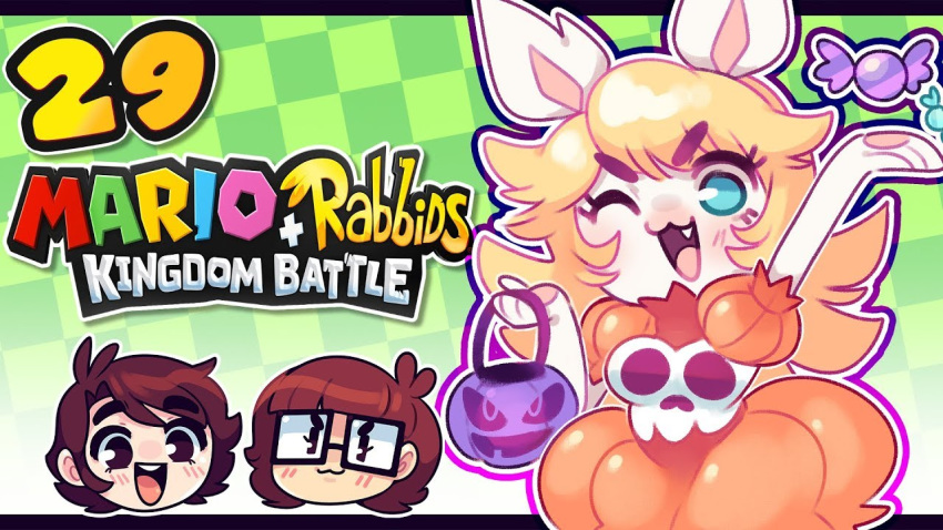 4_fingers :3 blonde_hair blue_eyes candy clothed clothing cosplay dress english_text eyelashes fangs female food fully_clothed hair halloween handpaw happy holding_object holidays jaltoid_(artist) lagomorph long_hair mammal mario_+_rabbids:_kingdom_battle mario_bros nintendo noseless one_eye_closed open_mouth open_smile orange_clothing pawpads paws pink_pawpads pink_tongue princess_peach rabbid rabbid_peach rabbit short_stack smile solo text tongue trick-or-treating ubisoft video_games wink youtube