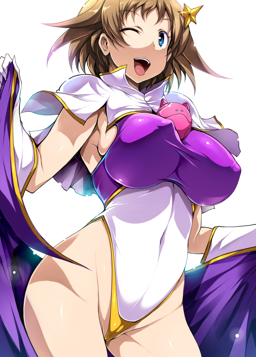 blue_eyes blush breasts brown_hair cameltoe capelet commentary_request cosplay covered_navel covered_nipples earrings gloves gundam gundam_build_divers gundam_seed gundam_seed_destiny hair_ornament haro highleg highleg_leotard highres huge_breasts jewelry leotard looking_at_viewer meer_campbell meer_campbell_(cosplay) multicolored_leotard nanase_nanami_(gundam_build_divers) one_eye_closed purple_leotard shiny shiny_hair shiny_skin short_hair simple_background skin_tight smile solo standing star star_hair_ornament tawawa_challenge teeth tongue tsukasawa_takamatsu white_background white_leotard