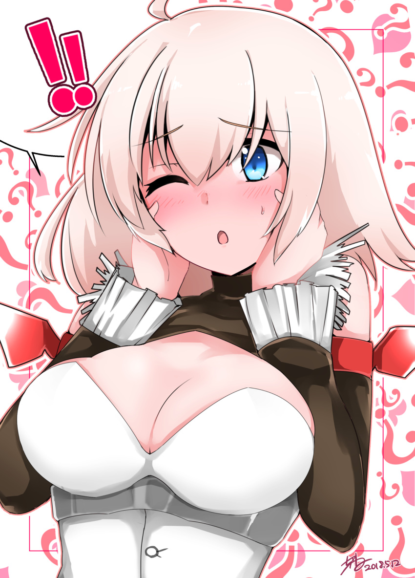 1girl ;o ? ahoge azur_lane blonde_hair blue_eyes blush breasts chiru_(218mg) cleavage cleavage_cutout commentary_request dated detached_sleeves hands_on_own_cheeks hands_on_own_face highres large_breasts nose_blush oklahoma_(azur_lane) one_eye_closed short_hair solo upper_body