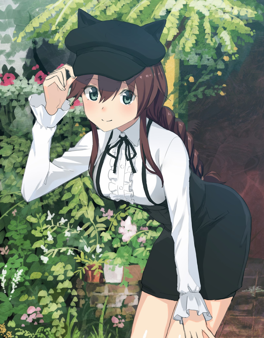 adjusting_clothes adjusting_hat alternate_costume animal_ears animal_hat black_hat black_skirt blouse braid breasts brown_hair collared_shirt commentary_request day fake_animal_ears green_eyes hand_on_own_knee hat hat_with_ears high-waist_skirt highres kantai_collection leaning_forward long_hair long_sleeves looking_at_viewer masukuza_j medium_breasts noshiro_(kantai_collection) outdoors plant shirt sidelocks skirt smile solo suspender_skirt suspenders white_blouse