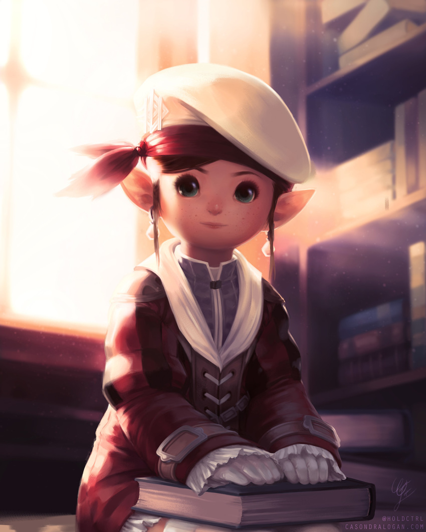 blue_eyes book bookshelf brown_hair casondra_logan closed_mouth commission day earrings final_fantasy final_fantasy_xiv freckles gloves hat highres jewelry lalafell looking_at_viewer pointy_ears short_hair signature sitting solo thighhighs twitter_username watermark web_address wings