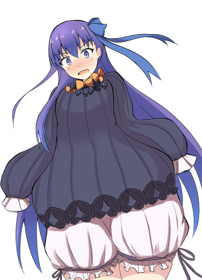 :d abigail_williams_(fate/grand_order) abigail_williams_(fate/grand_order)_(cosplay) absurdres bangs black_bow black_dress bloomers blue_bow blush bow bug butterfly commentary_request cosplay dress dutch_angle eyebrows_visible_through_hair fate/extra fate/extra_ccc fate/grand_order fate_(series) hair_between_eyes hair_bow highres insect long_hair long_sleeves meltlilith mitchi nose_blush open_mouth orange_bow polka_dot polka_dot_bow purple_eyes purple_hair simple_background sleeves_past_fingers sleeves_past_wrists smile solo underwear very_long_hair white_background white_bloomers