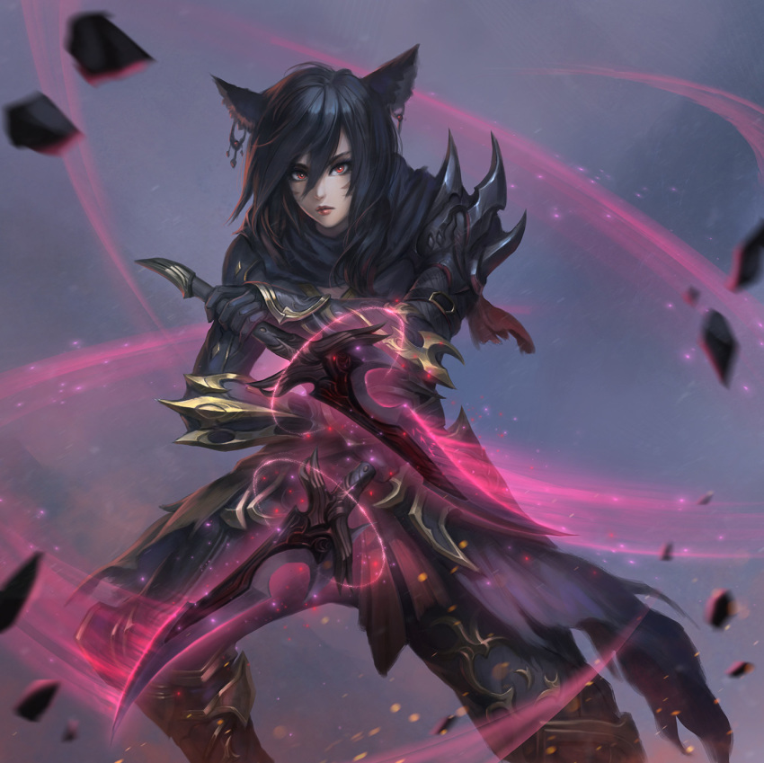 black_hair closed_mouth commentary commission dual_wielding earrings english_commentary facial_mark fighting_stance final_fantasy final_fantasy_xiv gloves glowing glowing_weapon gold_trim hair_between_eyes highres holding jewelry lips long_hair looking_at_viewer miqo'te nguyen_uy_vu ninja_(final_fantasy) red_eyes solo weapon