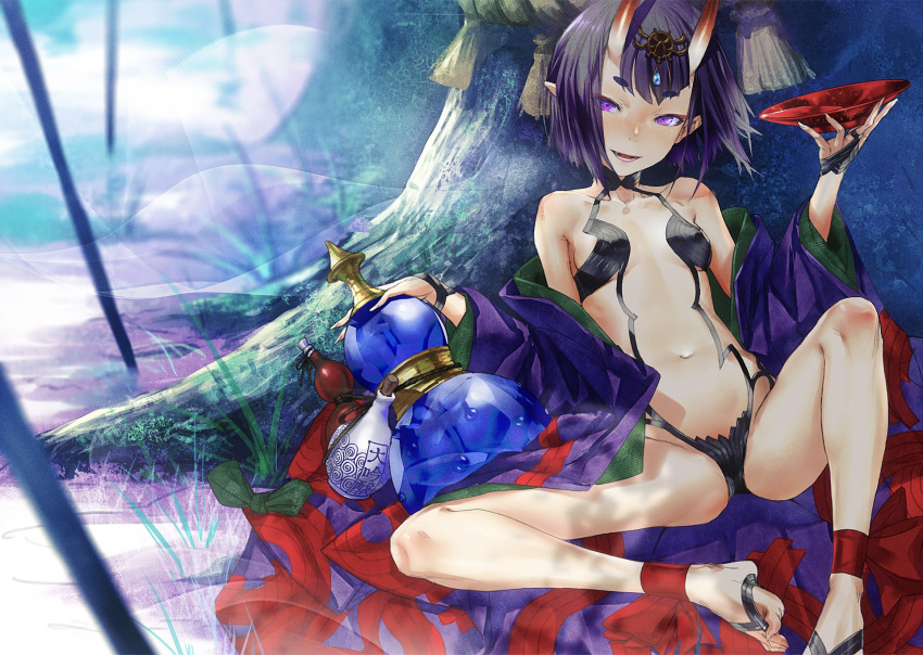 bare_legs black_gloves breasts bridal_gauntlets circlet commentary_request cup day eyeliner fangs fate/grand_order fate_(series) fingerless_gloves gloves gourd highres horns japanese_clothes looking_at_viewer makeup navel off_shoulder oni_horns open_mouth outdoors pointy_ears purple_eyes purple_hair redjuice revealing_clothes sakazuki short_hair shuten_douji_(fate/grand_order) sitting small_breasts smile solo