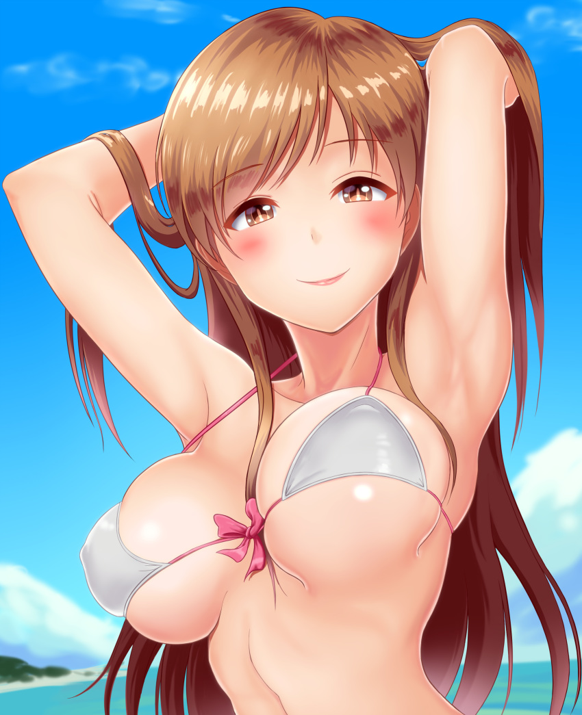 absurdres armpits arms_up bare_arms bare_shoulders bikini blush breasts brown_eyes brown_hair bush cleavage closed_mouth cloud cloudy_sky collarbone day eyebrows_visible_through_hair hair_tousle hand_on_head highres idolmaster idolmaster_cinderella_girls large_breasts long_hair looking_at_viewer navel nitta_minami outdoors shiny shiny_hair shiny_skin side-tie_bikini side-tie_bottom skindentation sky smile solo standing stomach strap_gap swimsuit taka_(takahirokun) tareme underboob upper_body white_bikini