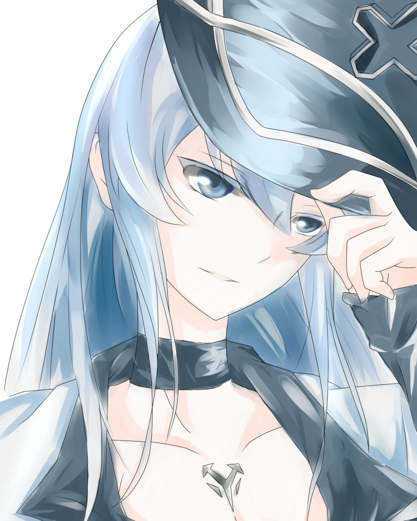 adjusting_clothes adjusting_hat akame_ga_kill! blue blue_eyes blue_hair breasts choker cleavage collarbone colored_eyelashes esdeath hand_on_headwear hat highres large_breasts long_hair looking_down military military_uniform pale_color peaked_cap solo tattoo uniform vicarrrrr