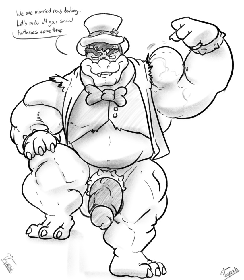 anthro balls bowser clothed clothing cock_ring comic english_text flexing greyscale half-erect hat humanoid_penis koopa looking_at_viewer male mario_bros monochrome musclegut muscular muscular_male nintendo penis scalie solo standing text thick_penis top_hat uniparasite vein video_games