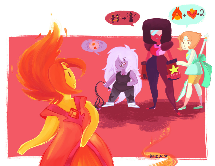2015 adventure_time alien amethyst_(steven_universe) armor cartoon_network clothed clothing crossover crystal elemental female fire fire_elemental flame_princess flaming_hair fully_clothed garnet_(steven_universe) gauntlets gem_(species) gloves group hair holding_object holding_weapon humanoid larger_female melee_weapon natouu not_furry pearl_(steven_universe) perspective pictographics polearm size_difference smaller_female spear speech_bubble standing steven_universe visor weapon whip