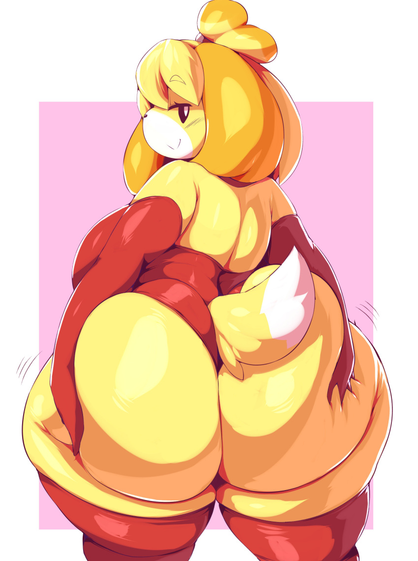 2018 absurd_res animal_crossing anthro arm_warmers armwear big_butt big_thighs border butt canine clothed clothing digital_media_(artwork) female hand_on_butt hi_res huge_butt huge_hips isabelle_(animal_crossing) legwear looking_at_viewer looking_back mammal motion_lines nintendo overweight overweight_female rear_view skimpy slightly_chubby smile solo stockings thick_thighs thigh_highs trinity-fate62 video_games voluptuous white_border wide_hips