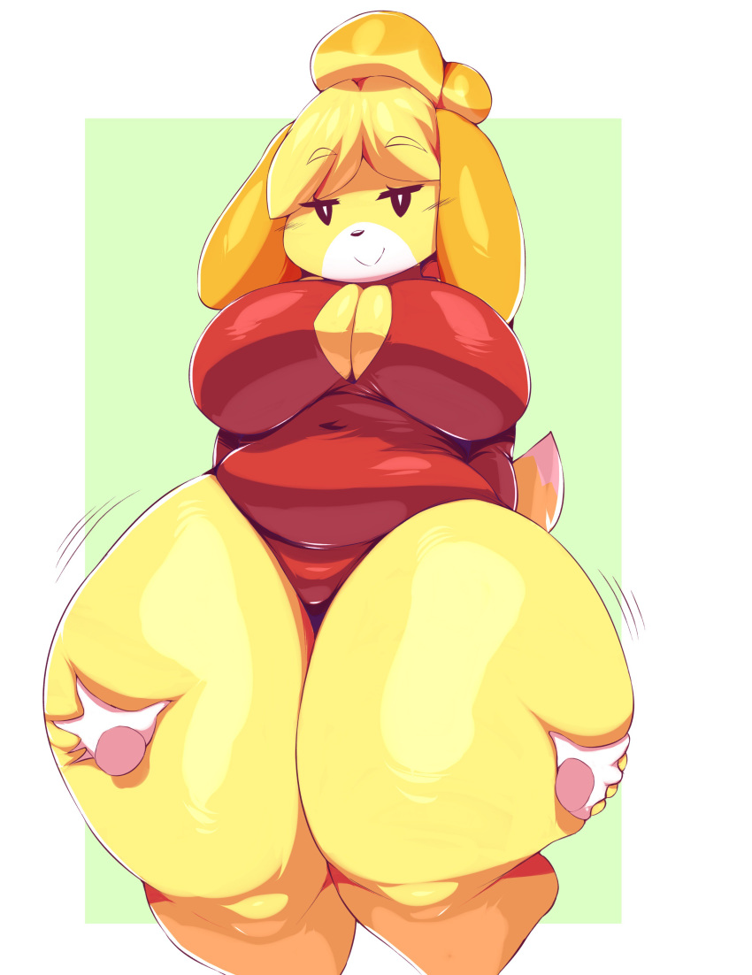 2018 absurd_res animal_crossing anthro arm_warmers armwear belly big_breasts big_thighs border breasts canine clothed clothing digital_media_(artwork) disembodied_hand female hi_res huge_hips isabelle_(animal_crossing) legwear looking_at_viewer mammal motion_lines navel nintendo overweight overweight_female smile stockings thick_thighs thigh_grab thigh_highs trinity-fate62 video_games voluptuous white_border wide_hips