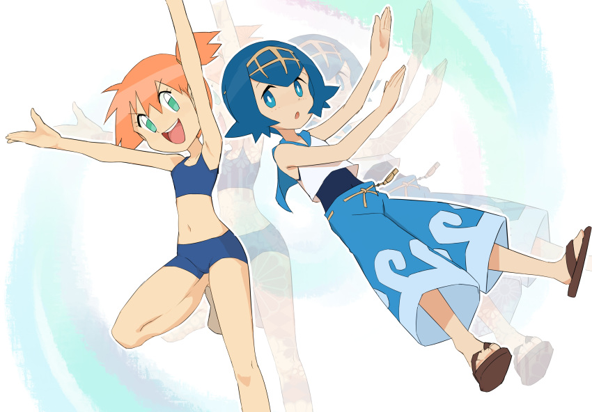 2girls aqua_eyes armpits arms_up bare_shoulders bikini blue_bikini blue_eyes blue_hair blue_pants blue_sailor_collar blue_swimsuit brown_footwear capri_pants collarbone covered_navel eyebrows_visible_through_hair feet female full_body hair_tie hairband kasumi_(pokemon) leg_up looking_at_viewer matching_hair/eyes midriff multiple_girls navel nyonn24 one-piece_swimsuit open_mouth orange_hair outline pants pokemon pokemon_(anime) pokemon_sm pokemon_sm_(anime) sailor_collar sandals shirt short_hair side_ponytail sleeveless sleeveless_shirt smile sports_bikini suiren_(pokemon) swimsuit_under_clothes tied_hair white_shirt yellow_hairband