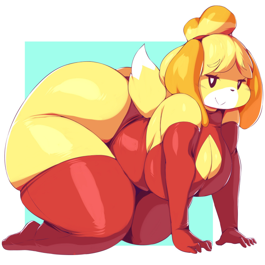 2018 5_fingers absurd_res all_fours animal_crossing anthro arm_warmers armwear big_breasts big_butt big_thighs biped border breasts butt canine clothed clothing digital_media_(artwork) female hi_res huge_butt huge_hips isabelle_(animal_crossing) legwear looking_at_viewer mammal nintendo overweight overweight_female skimpy slightly_chubby smile solo stockings thick_thighs thigh_highs trinity-fate62 video_games voluptuous white_border wide_hips