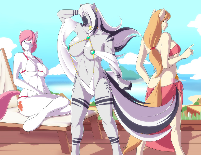 2015 abs alternate_hairstyle anthro anthrofied beach big_breasts bikini blue_eyes breasts brown_hair button's_mom clothing cloud cutie_mark earth_pony equine fan_character female friendship_is_magic fur grey_fur group hair horse mammal marik_azemus34 mother multicolored_hair muscular muscular_female my_little_pony navel nurse_redheart_(mlp) outside parent pink_hair pony ponytail seaside sky stripes swimsuit tan_fur two_tone_hair white_fur zebra zecora_(mlp)