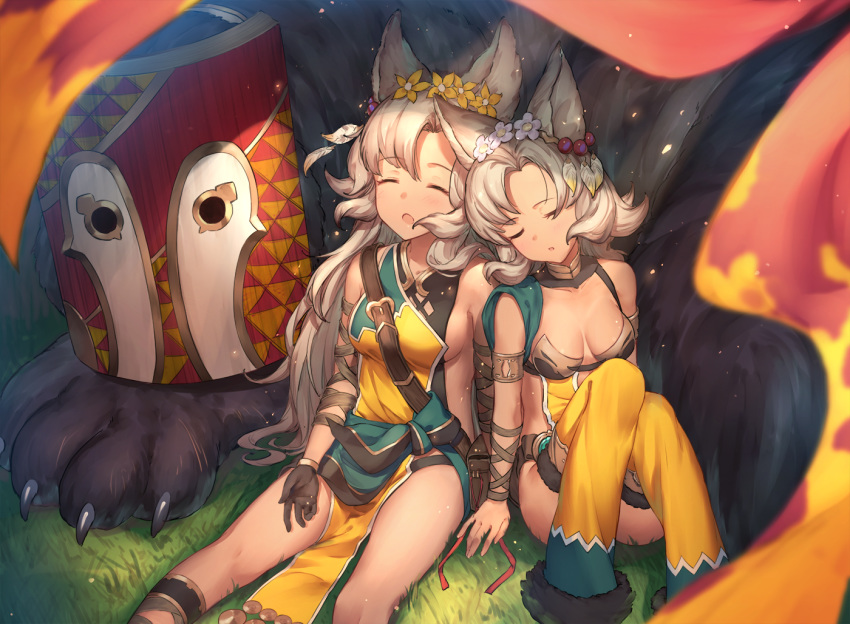 animal animal_ears backless_outfit bare_shoulders black_gloves breasts cat_ears closed_eyes commentary dark_skin erune flower flower_wreath gloves granblue_fantasy hair_flower hair_ornament kotoribako long_hair mask medium_breasts melleau multiple_girls nemone open_mouth short_hair siblings sideboob sisters sleeping small_breasts thighhighs white_hair