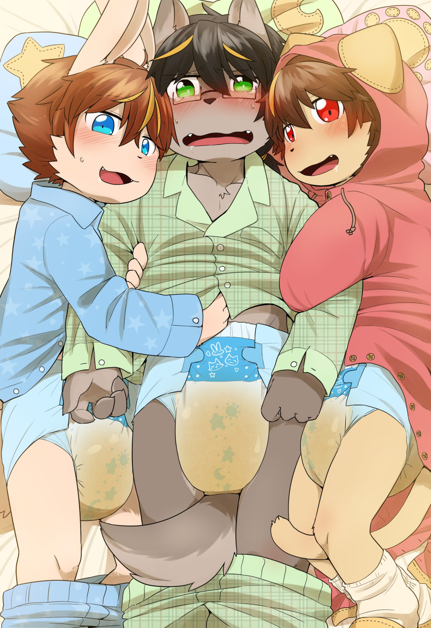 anthro bedwetting blush canine cat clothed clothing cub cuddling diaper feline lagomorph looking_at_viewer male mammal pajamas pants_down partially_clothed rabbit satsuki_rabbit urine wet_diaper wetting young