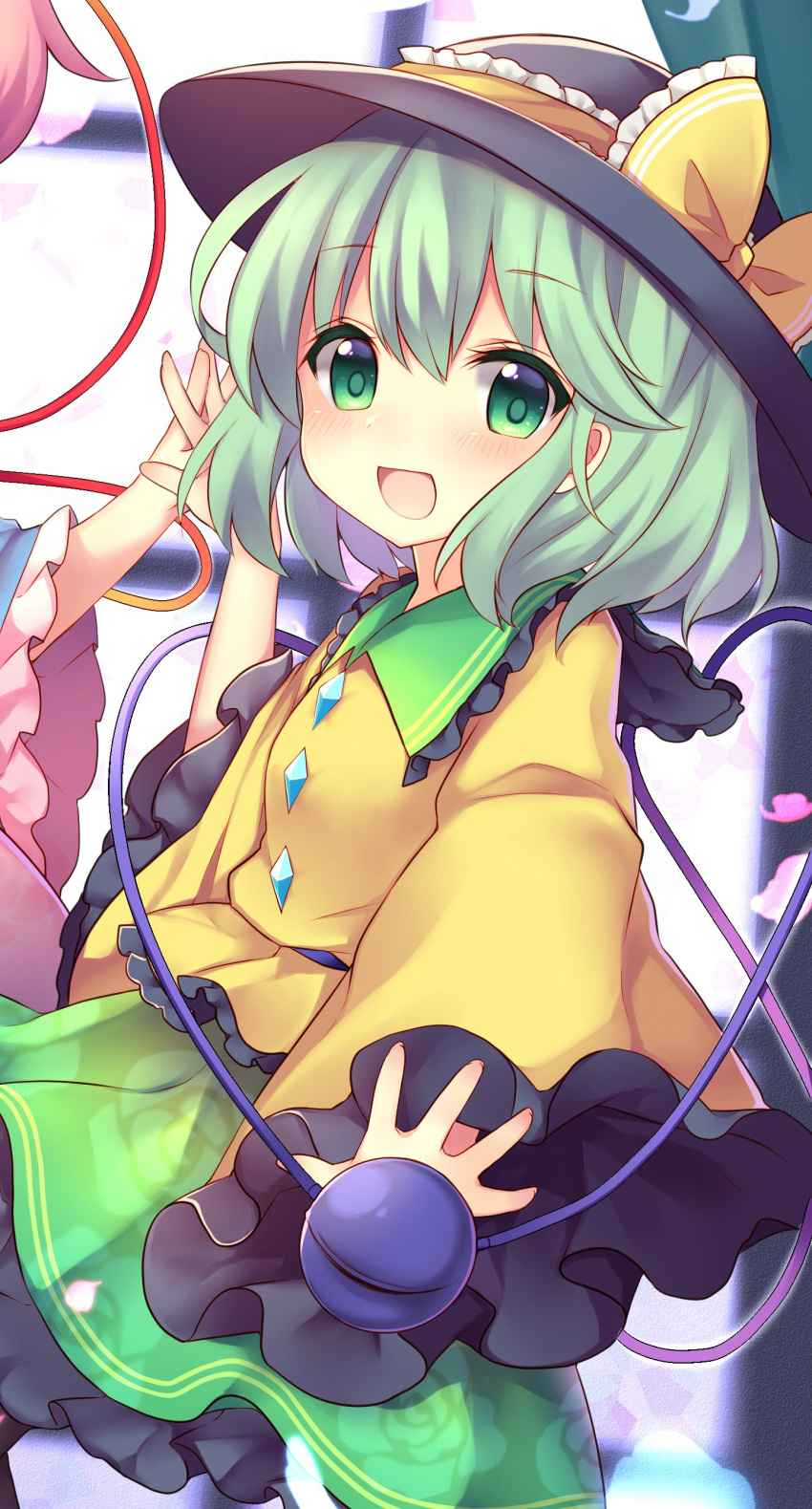 :d absurdres black_hat black_legwear blue_shirt blush bow commentary_request cowboy_shot curtains eyebrows_visible_through_hair floral_print frilled_bow frilled_shirt_collar frills green_eyes green_hair green_skirt hand_up hands_together hat hat_bow highres komeiji_koishi komeiji_satori long_sleeves looking_at_viewer multiple_girls open_mouth out_of_frame petticoat pink_hair ruhika shirt short_hair skirt smile standing third_eye touhou wide_sleeves window yellow_bow yellow_shirt