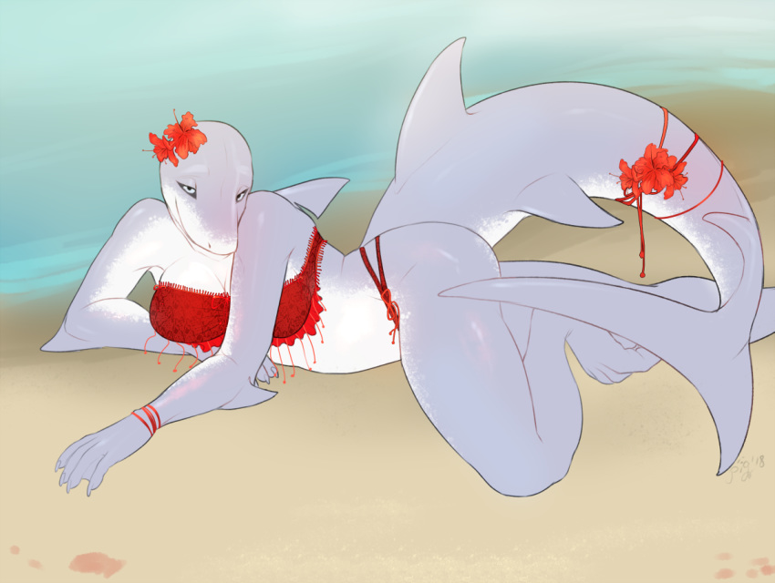 anthro bald beach bikini breasts clothing female fish looking_at_viewer marine outside pig_(artist) seaside shark smile solo swimsuit
